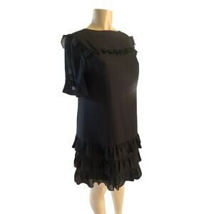 4 J. Crew Point Sur Black Ruffle Tiered Shift Dress Short Slv Crinkled Chiffon